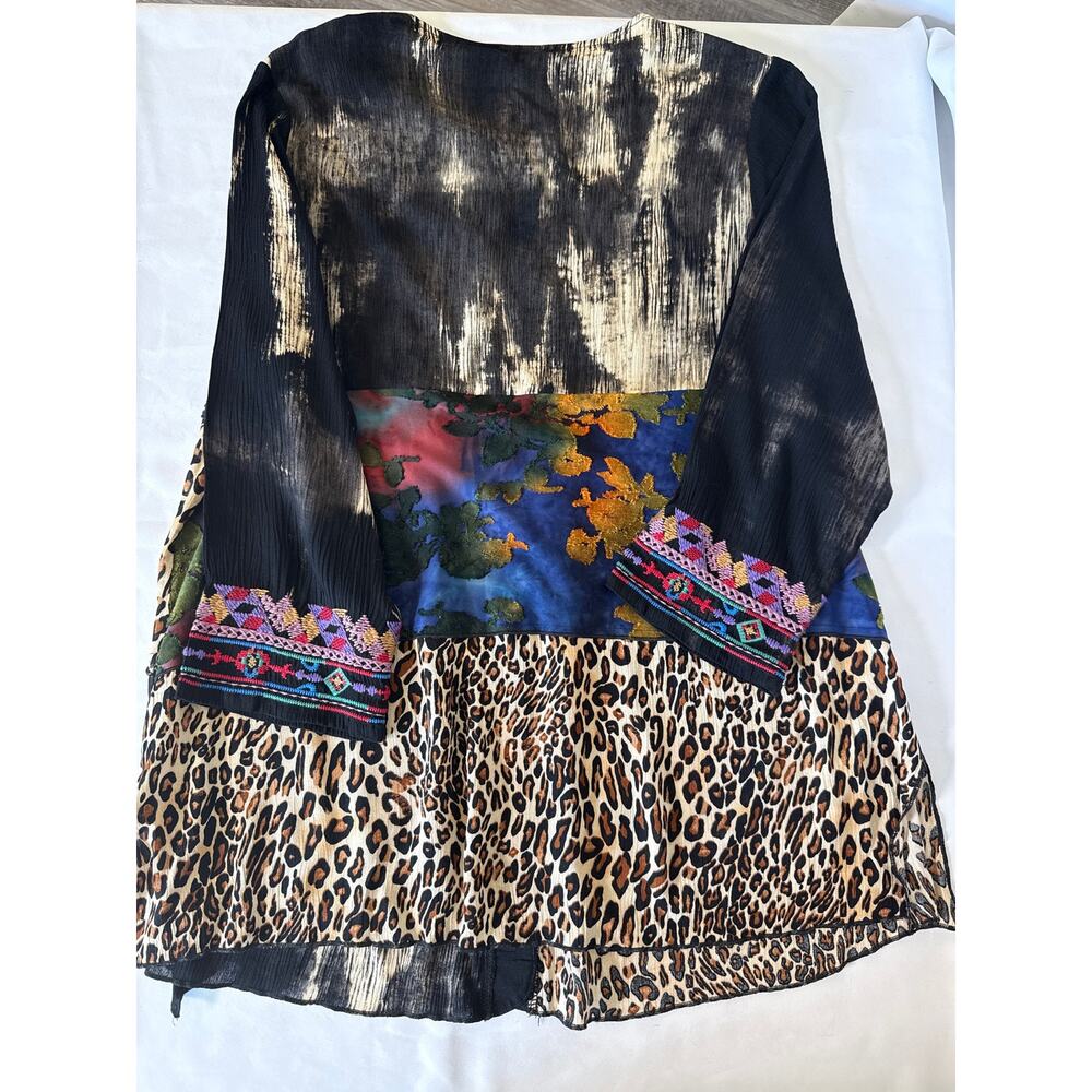 Boho Patchwork Burnout Velvet Tunic Blouse Watercolor Leopard Mixed Print M - Picture 8 of 8